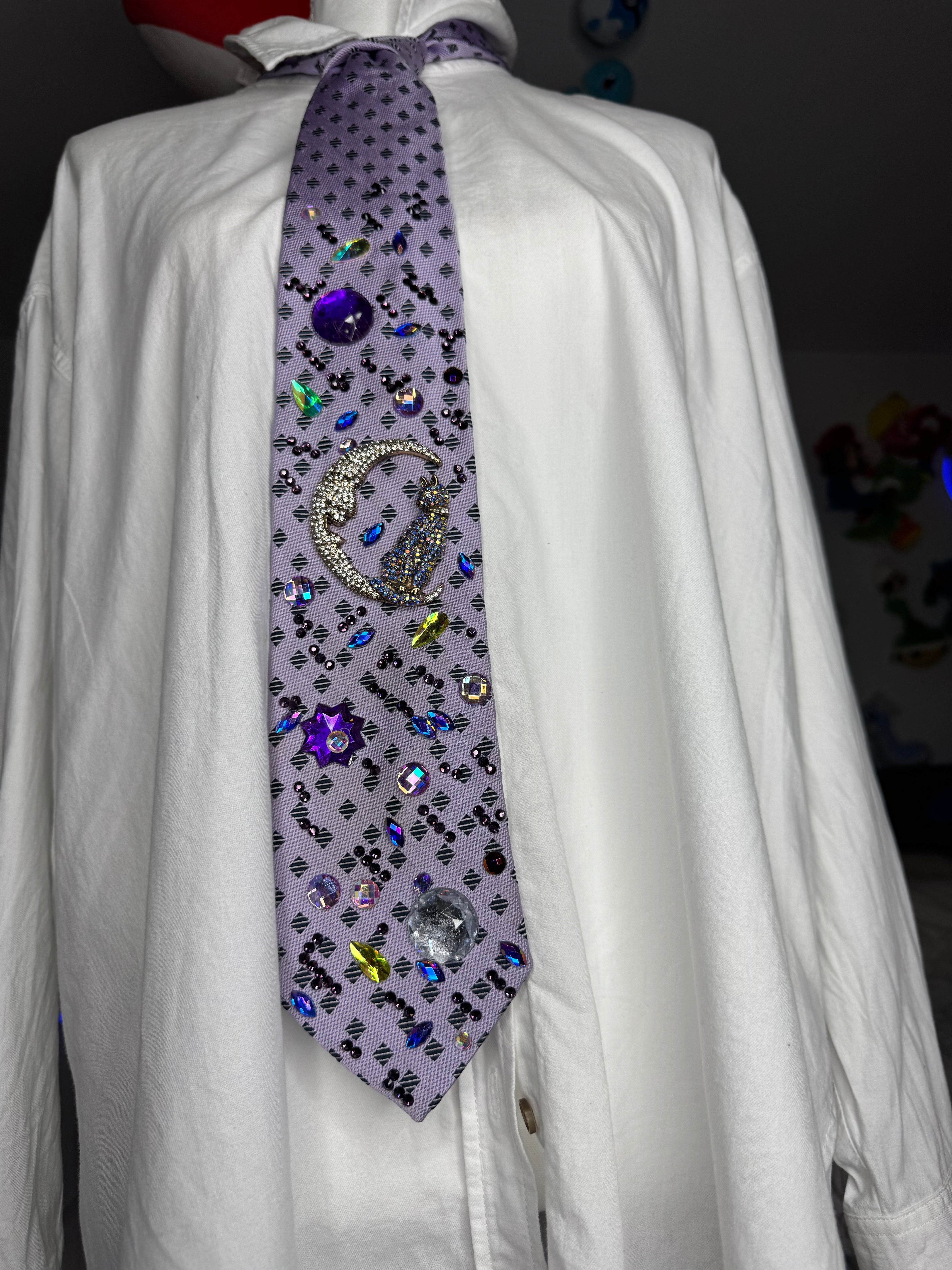 Purple Cat On Moon Jewel Space Royalty Tie