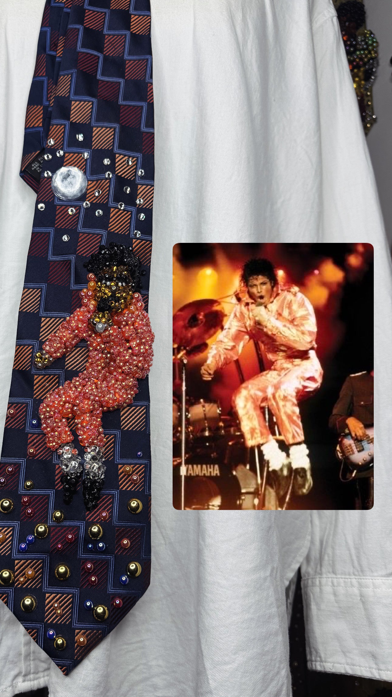 Navy Blue and Orange Michael Jackson in the Air in Peach Space Jumpsuit Singing Workin Day n Night on Victory Tour 1984 Tie