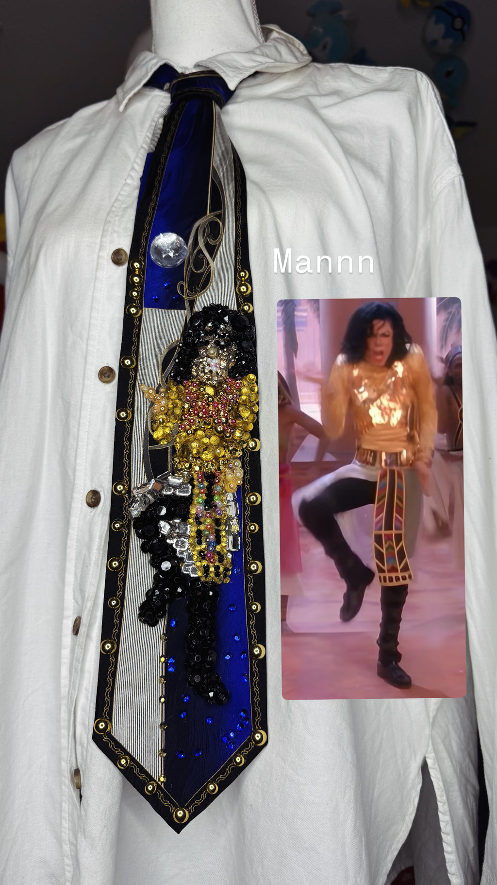 Navy Blue Egyptian Print Michael Jackson Hitting Hand Knee Tut Move for Remember the Time Tie