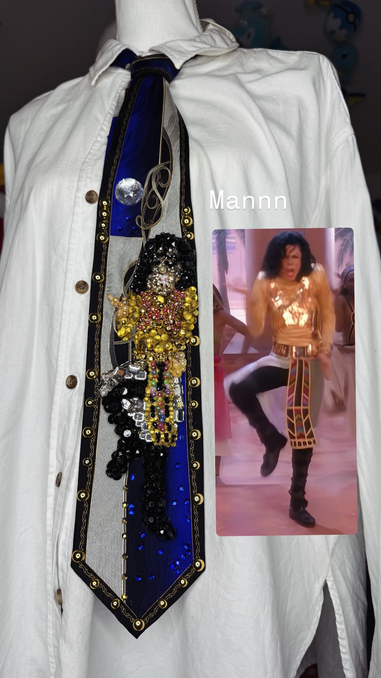 Navy Blue Egyptian Print Michael Jackson Hitting Hand Knee Tut Move for Remember the Time Tie