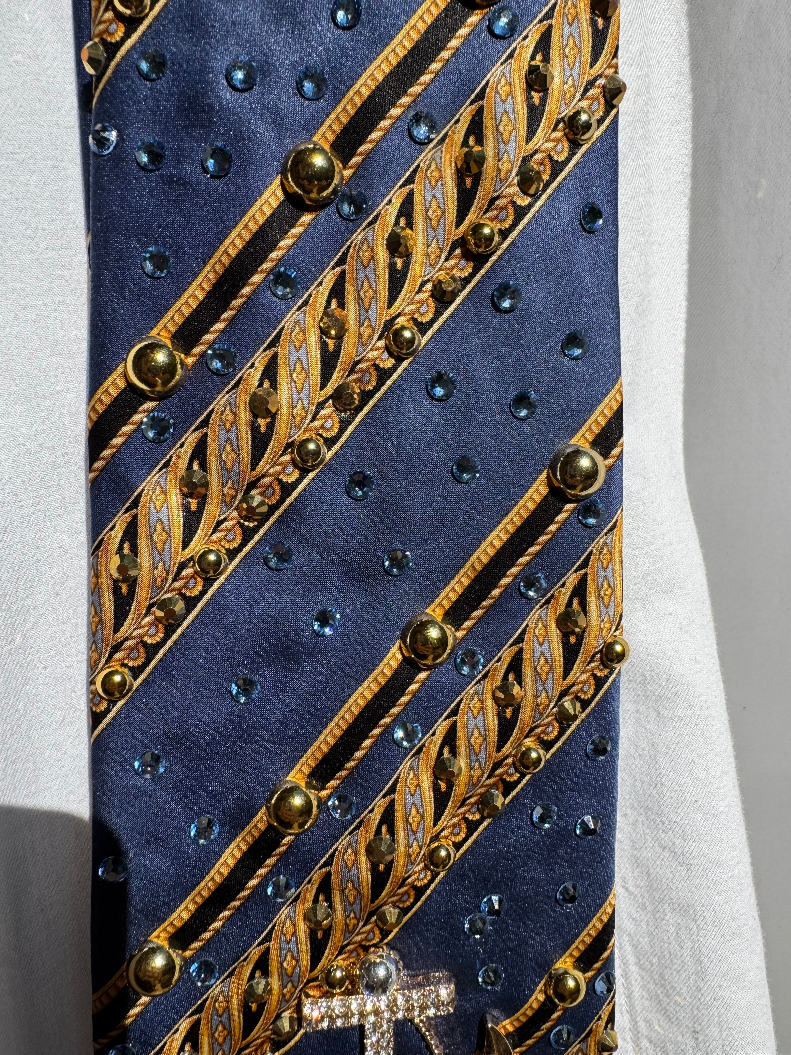 Navy Blue and Gold Striped High Class Royalty Anchored Nautical Tie