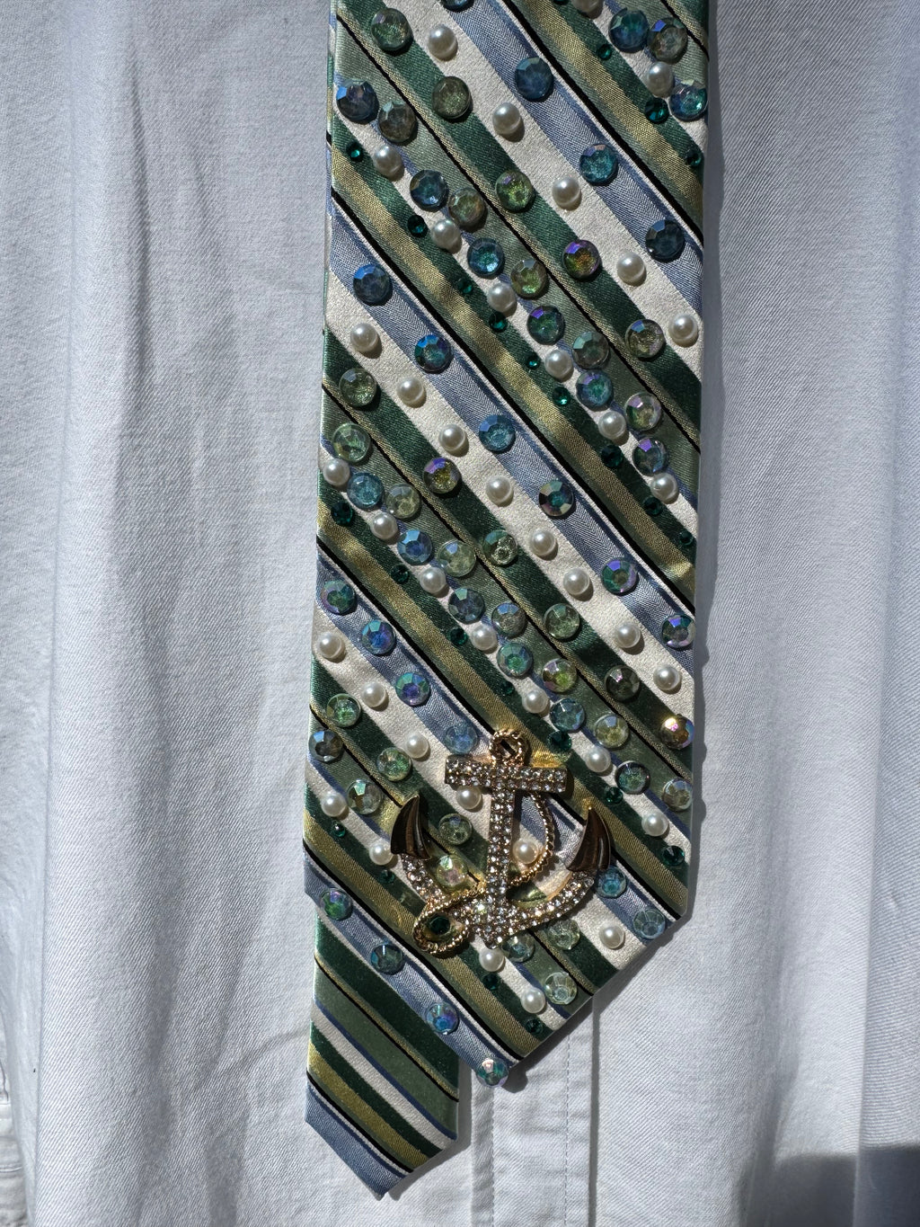 Light Green and White Striped Anchored Nautical Royalty Tie