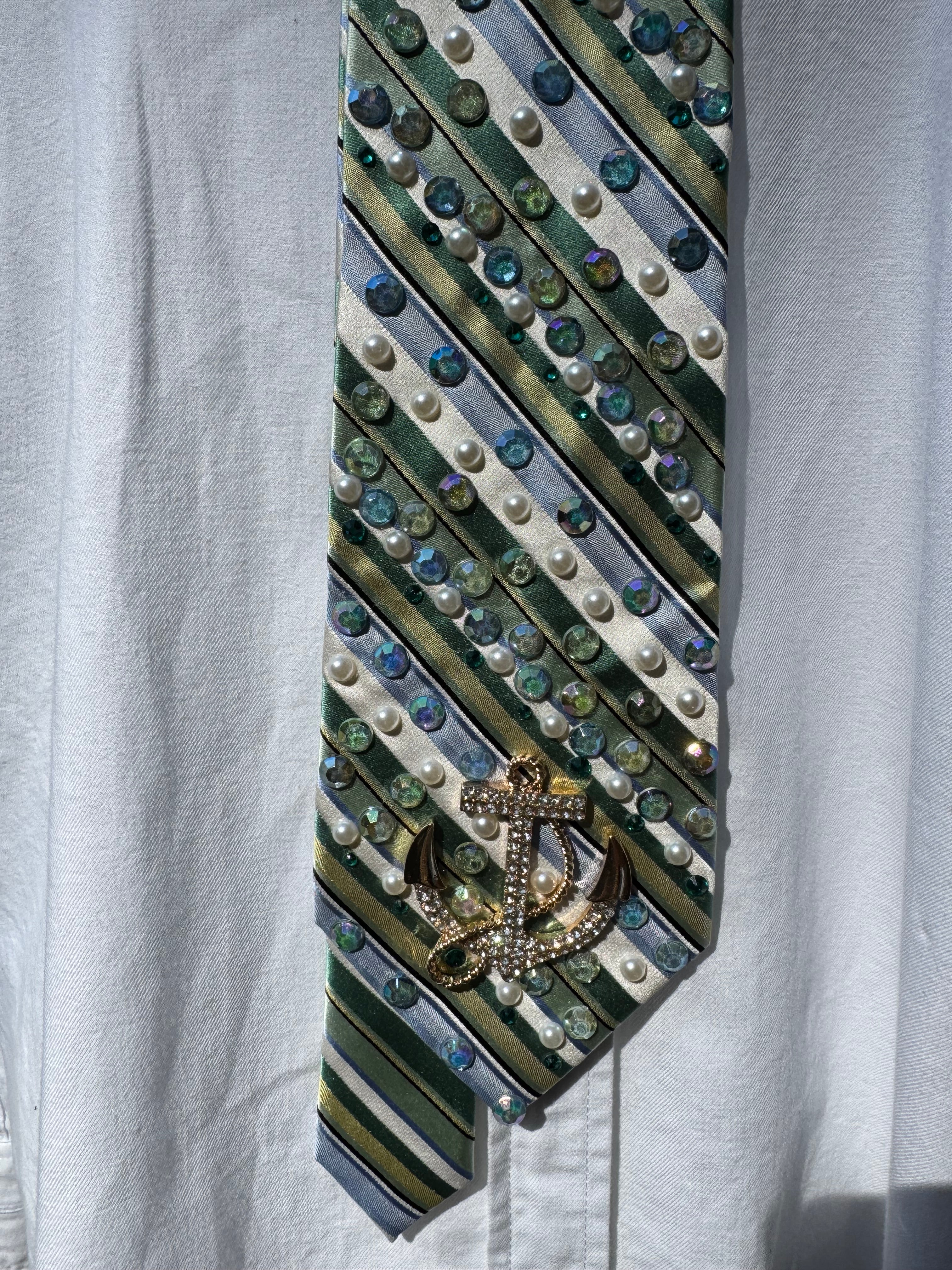 Light Green and White Striped Anchored Nautical Royalty Tie