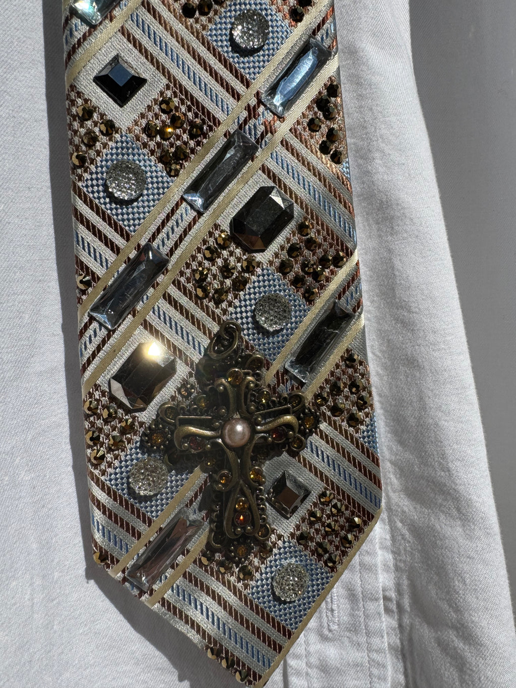 Beige and Light Blue Striped Cross High Class Royalty Tie