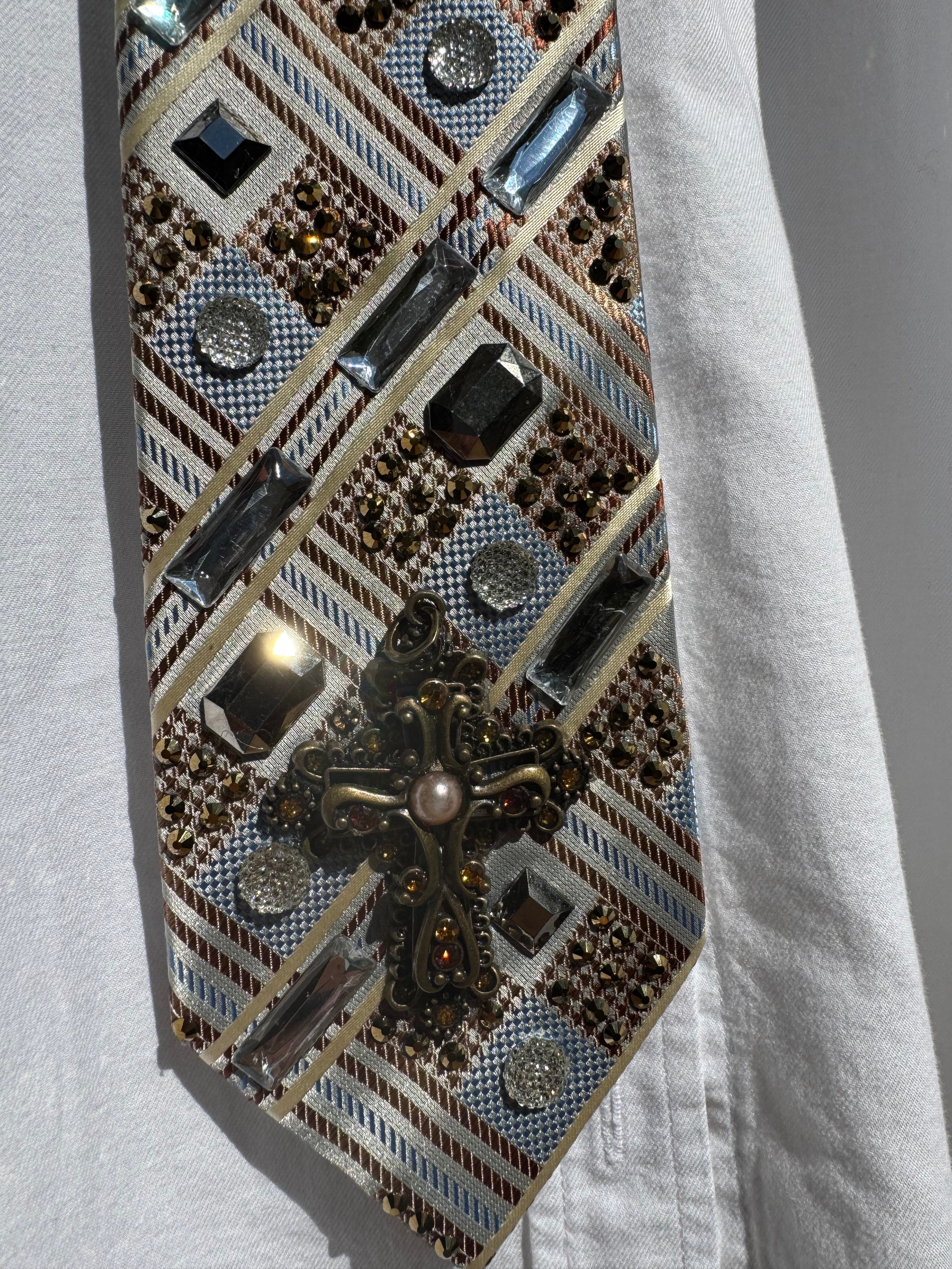 Beige and Light Blue Striped Cross High Class Royalty Tie