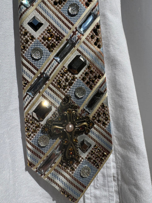 Beige and Light Blue Striped Cross High Class Royalty Tie