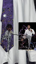Purple Paisley Michael Jackson Kicking Leg Holding Mic Pose Striped Pants Victory Tour 1984 Tie