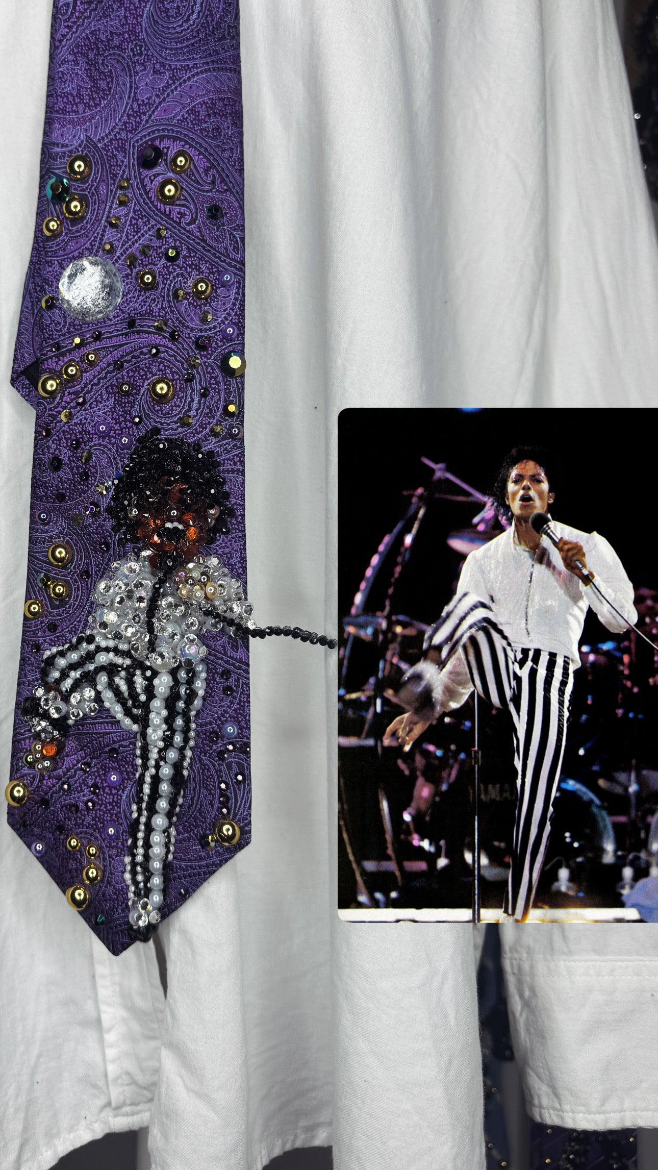 Purple Paisley Michael Jackson Kicking Leg Holding Mic Pose Striped Pants Victory Tour 1984 Tie