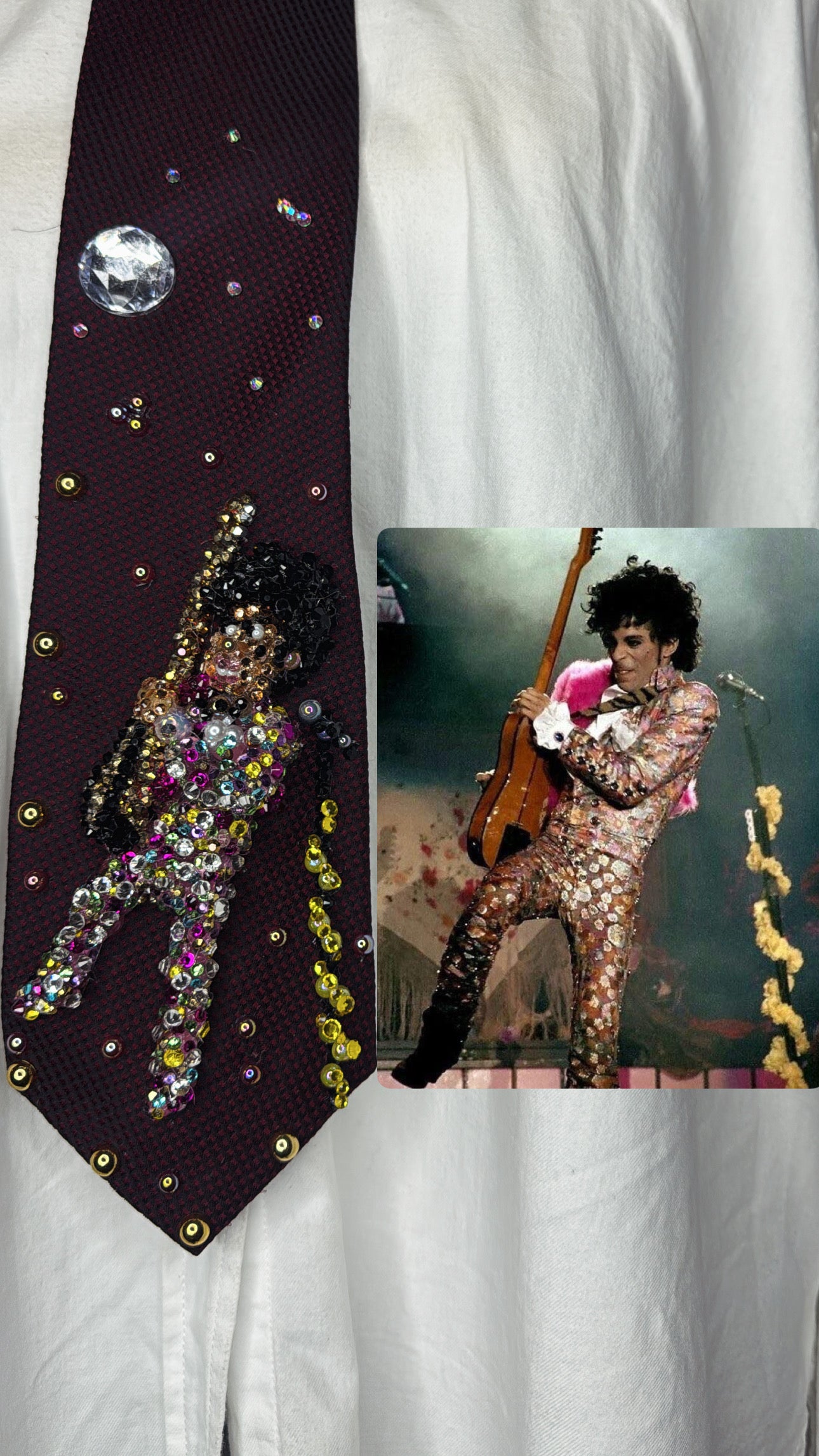 Burgundy Prince Rocking Guitar Jumping in the Air in Full Colorful Spotted Outfit Live Tie