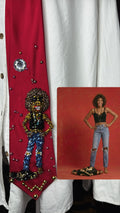 Red silk Whitney Houston with Hands Hip, Smiling with Jacket on Floor Photo shoot Tie