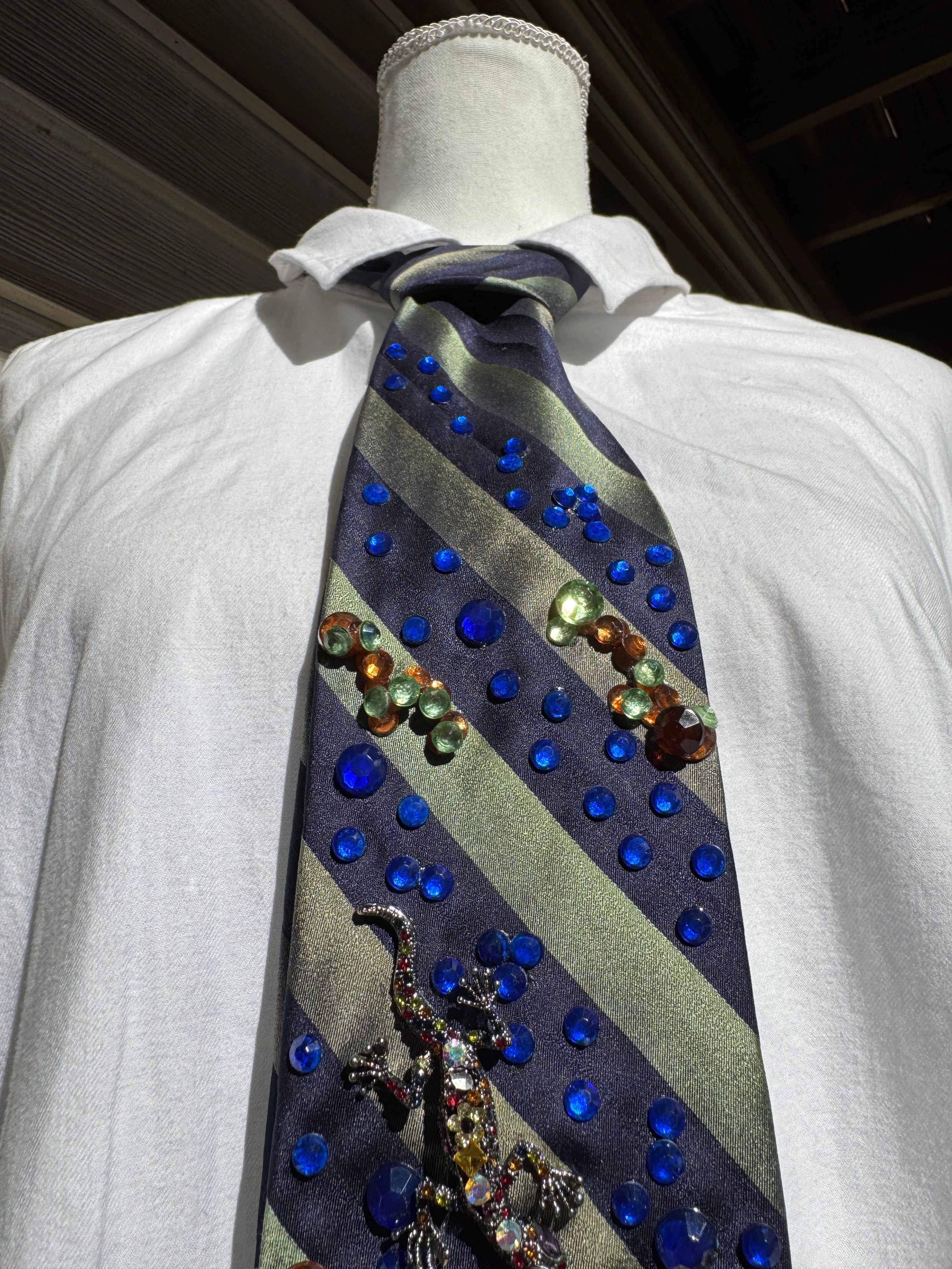 Navy Blue and Army Green Striped Reptilian Swamp Nature Tie
