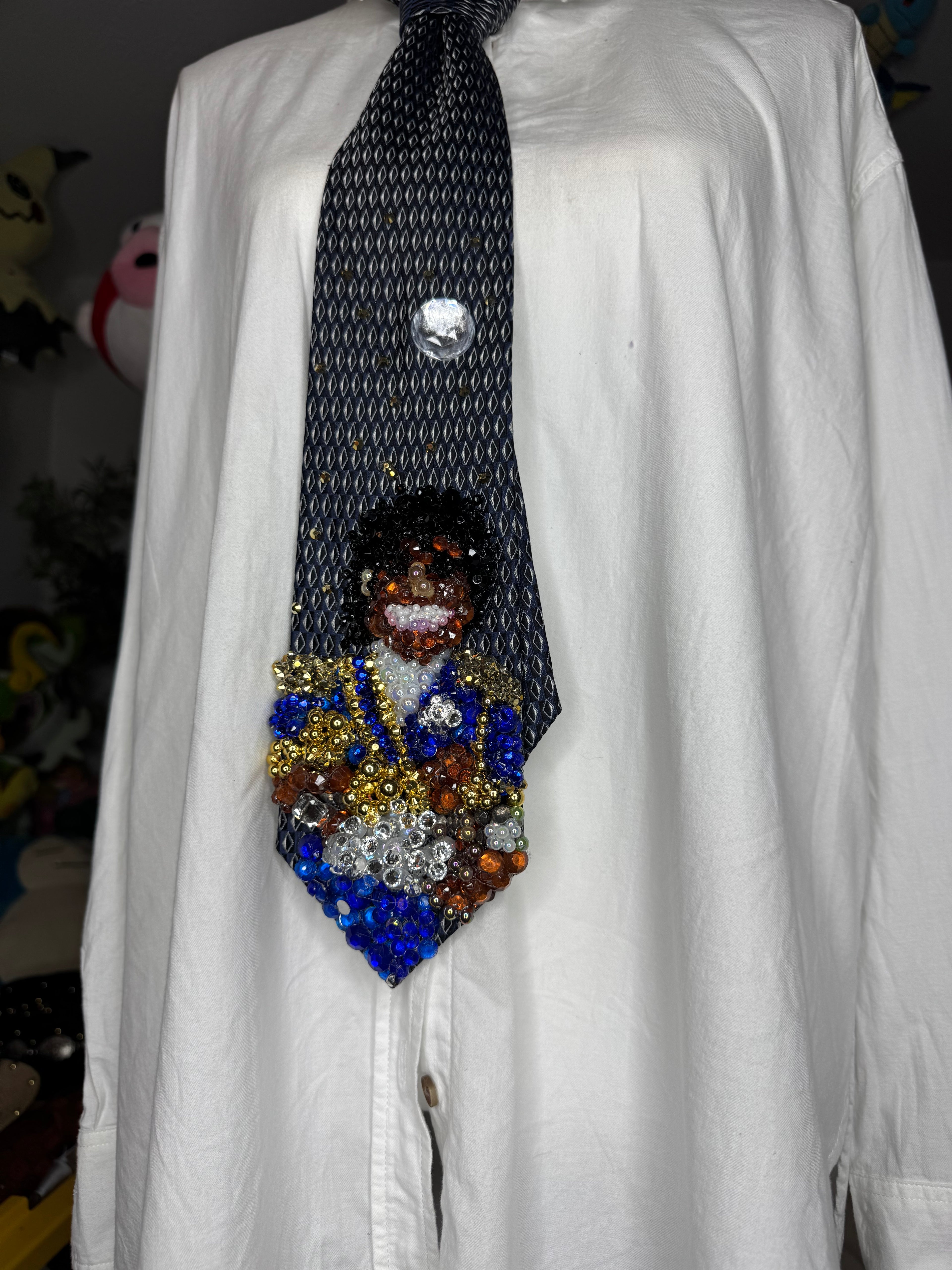 Navy Blue Michael Jackson Holding His Grammy Trophies Smiling 1984 Thriller Era Tie