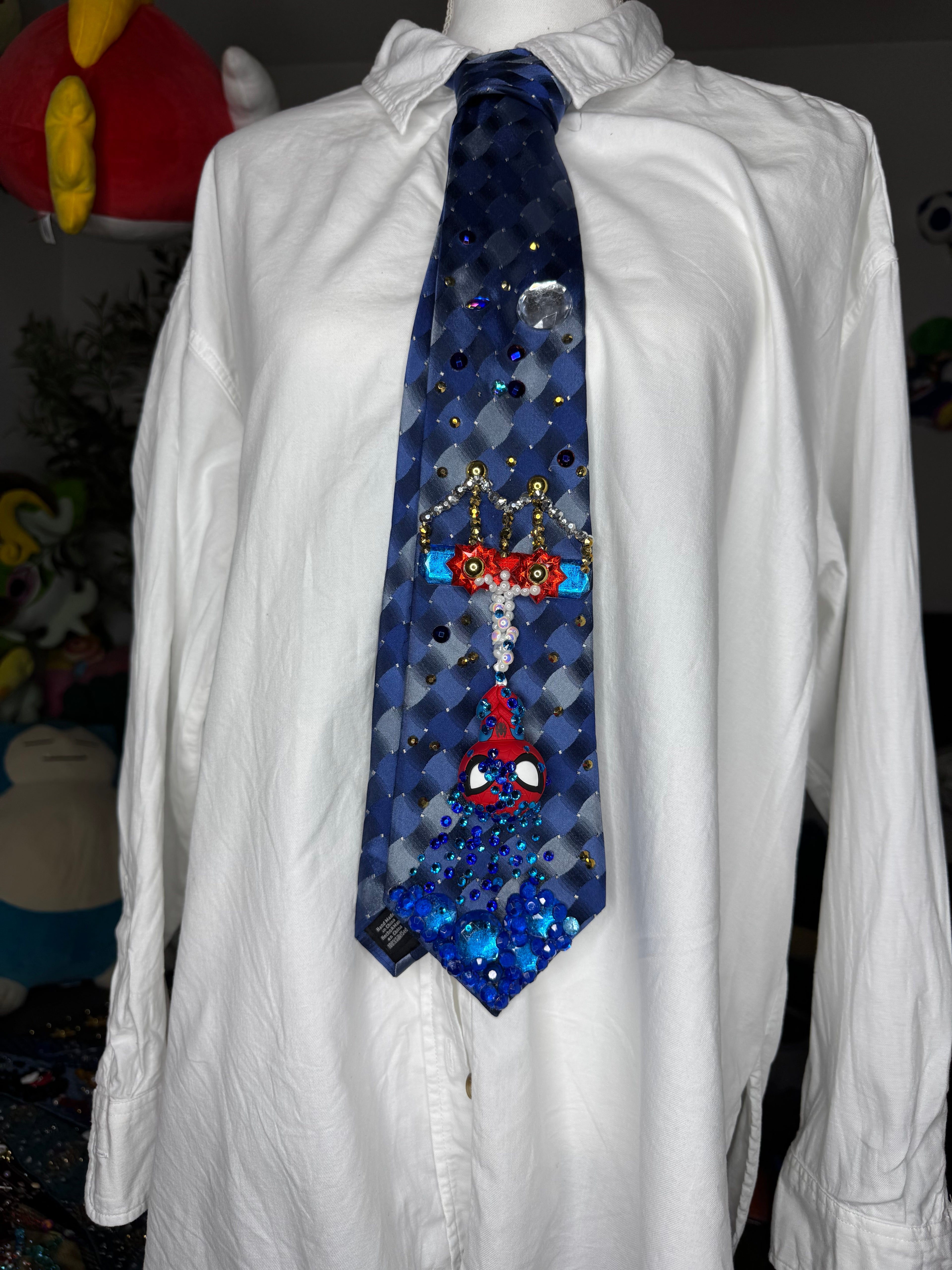 Navy Blue Spiderman Webbing Himself out of Water Under Bridge Tie