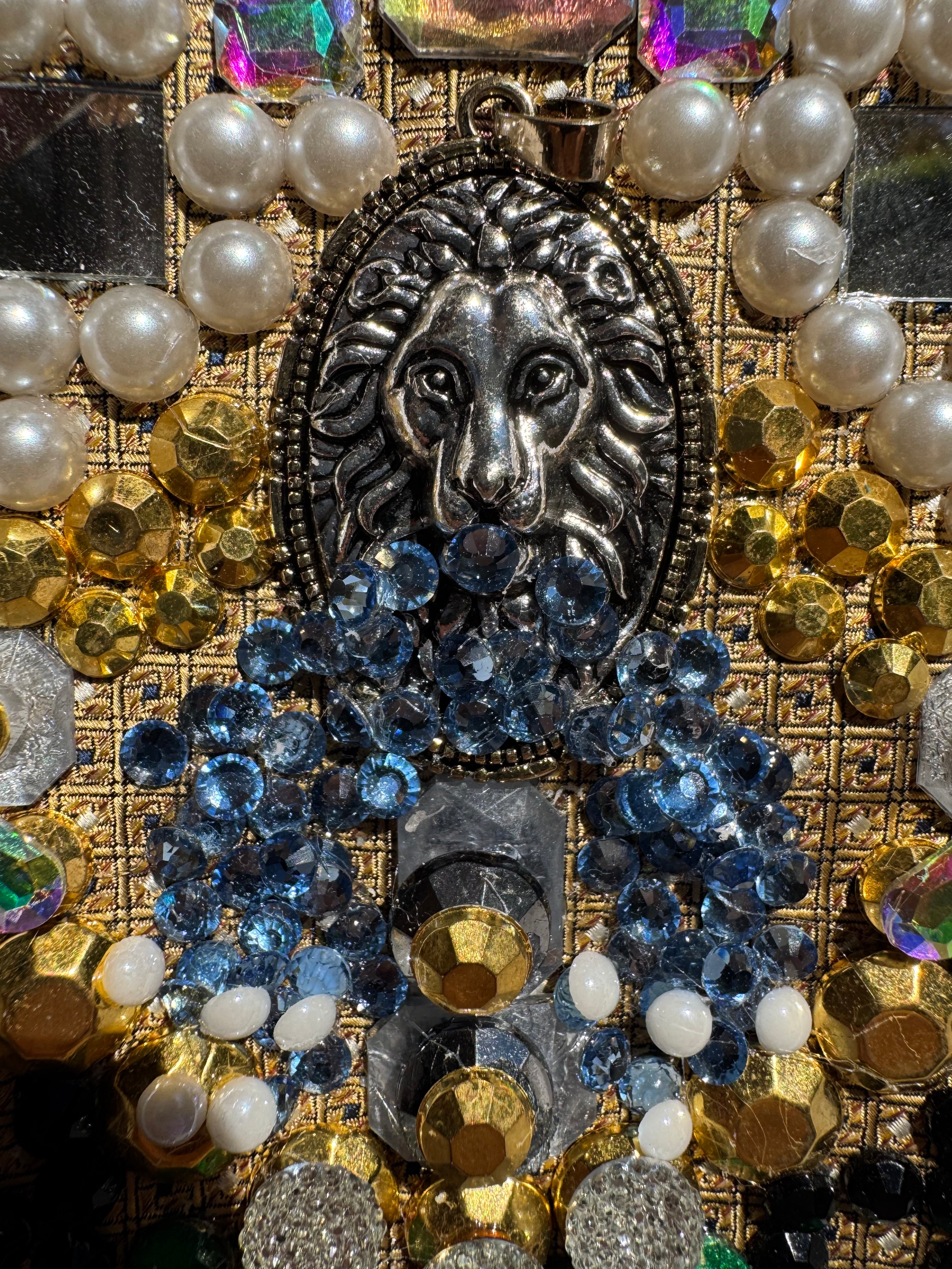 Gold Mansion Entrance View Lion Head Water Fountain Royalty Tie