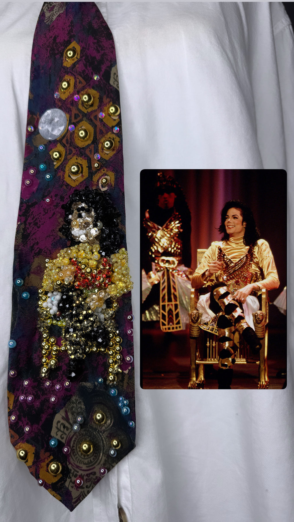 Magenta Marbled Michael Jackson Sitting in Golden Chair Performing Remember the Time with Sprain Ankle 1993 Tie