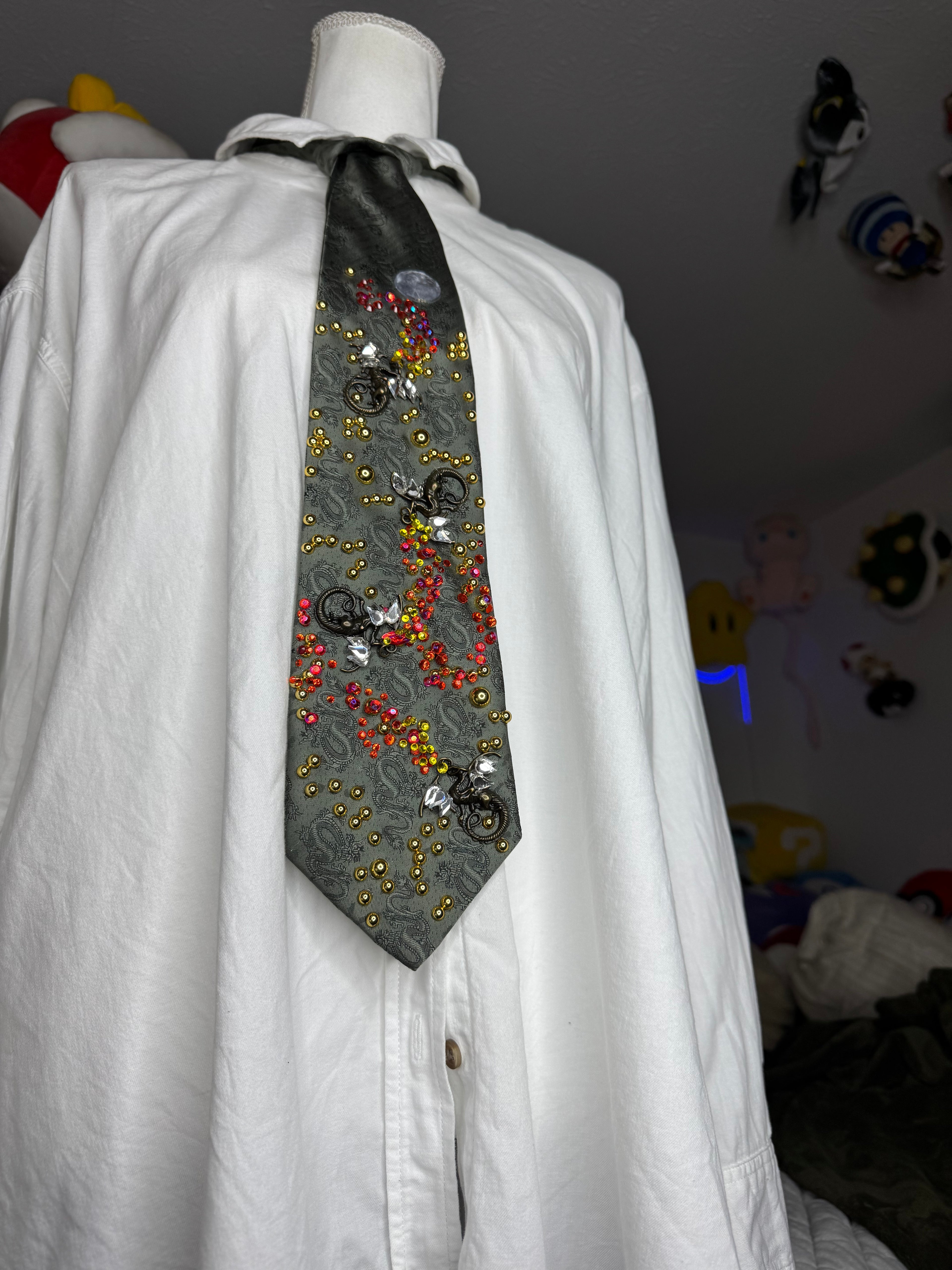 Army Green Ancient Dragon Print Dragons Spitting Flames Royalty Tie
