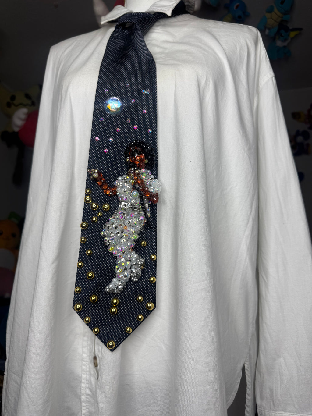 Navy Blue Michael Jackson Pointing Pose All White Rhinestones Outfit Triumph Tour 1979 Tie