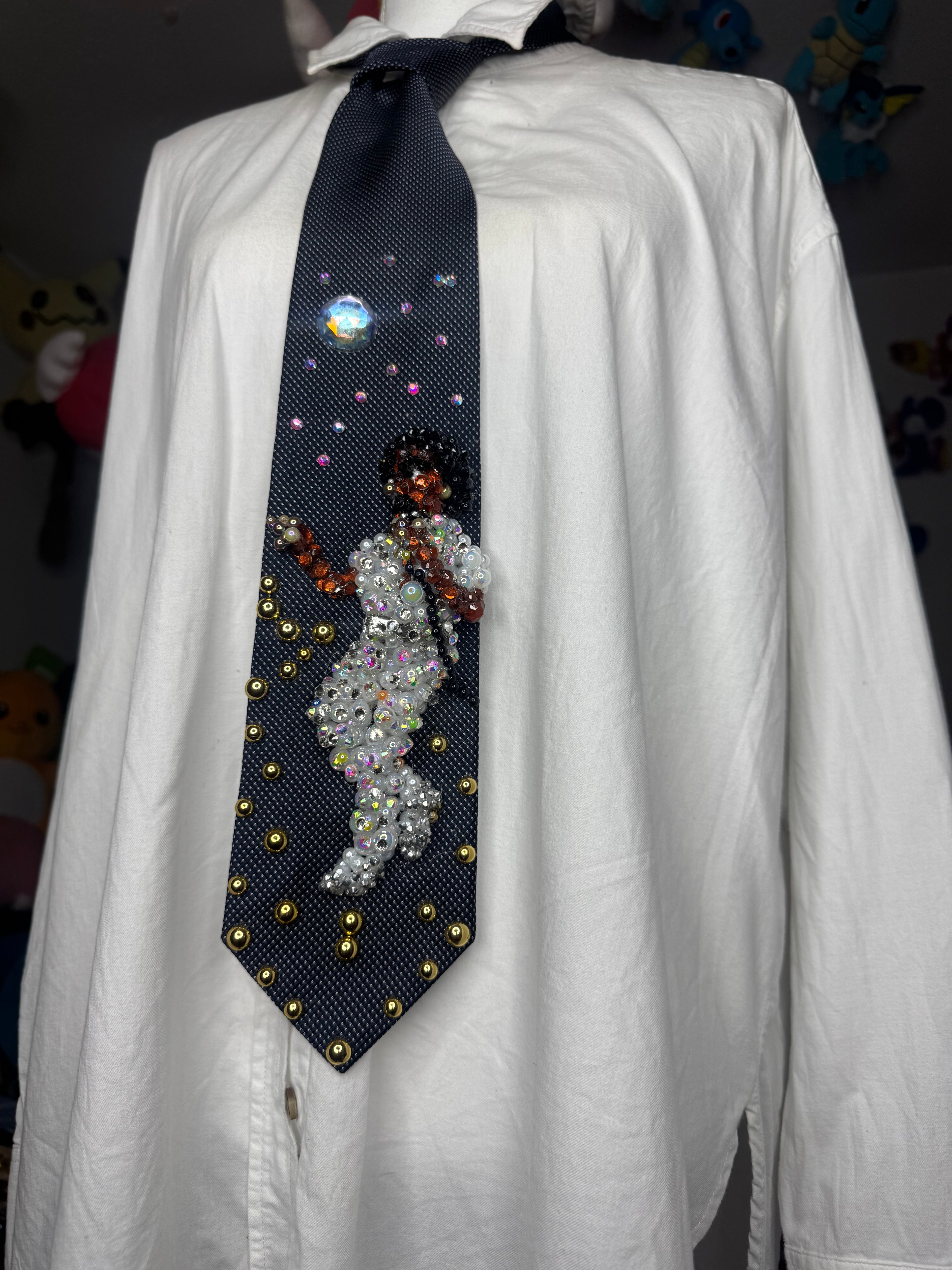 Navy Blue Michael Jackson Pointing Pose All White Rhinestones Outfit Triumph Tour 1979 Tie