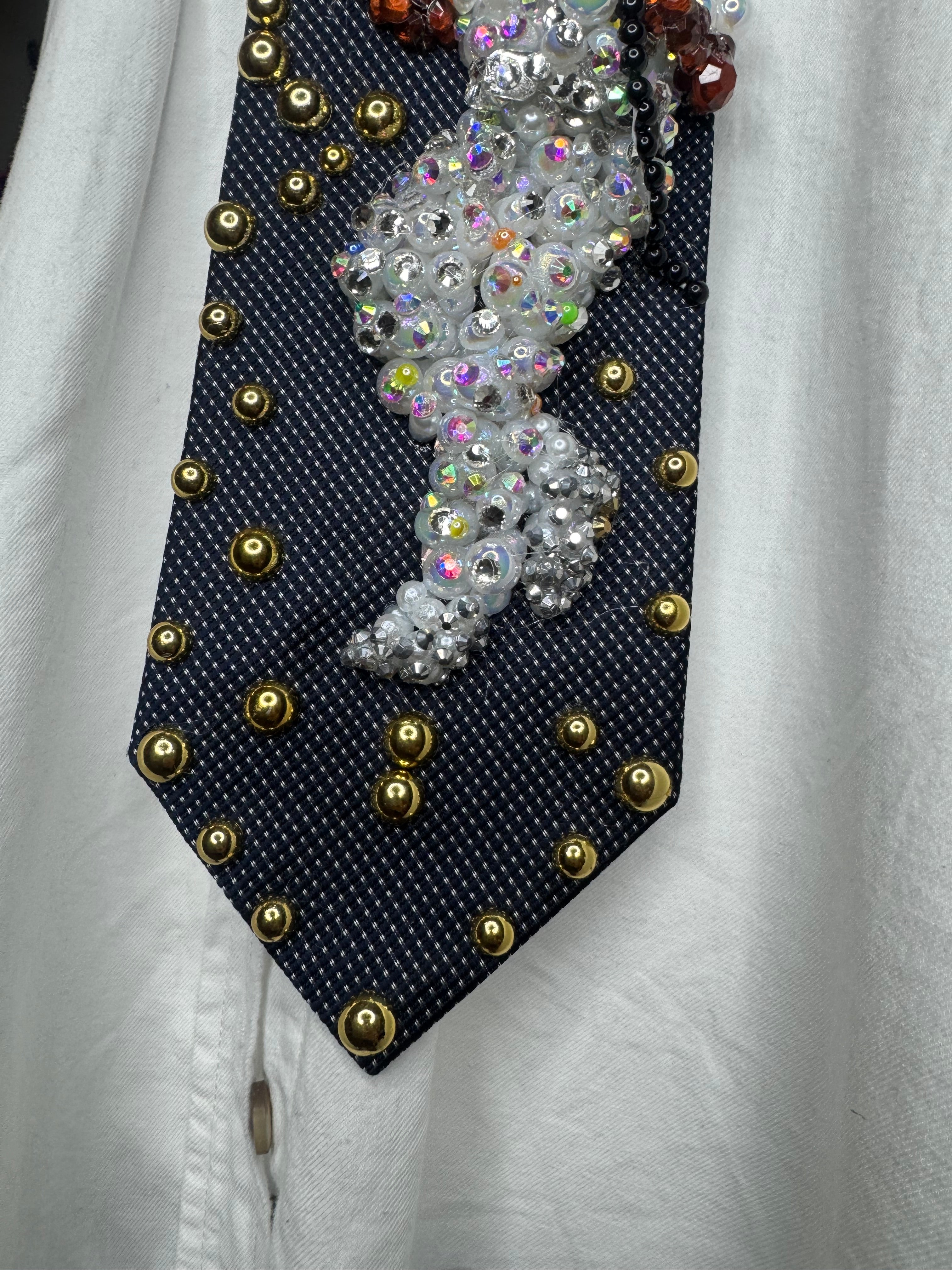 Navy Blue Michael Jackson Pointing Pose All White Rhinestones Outfit Triumph Tour 1979 Tie