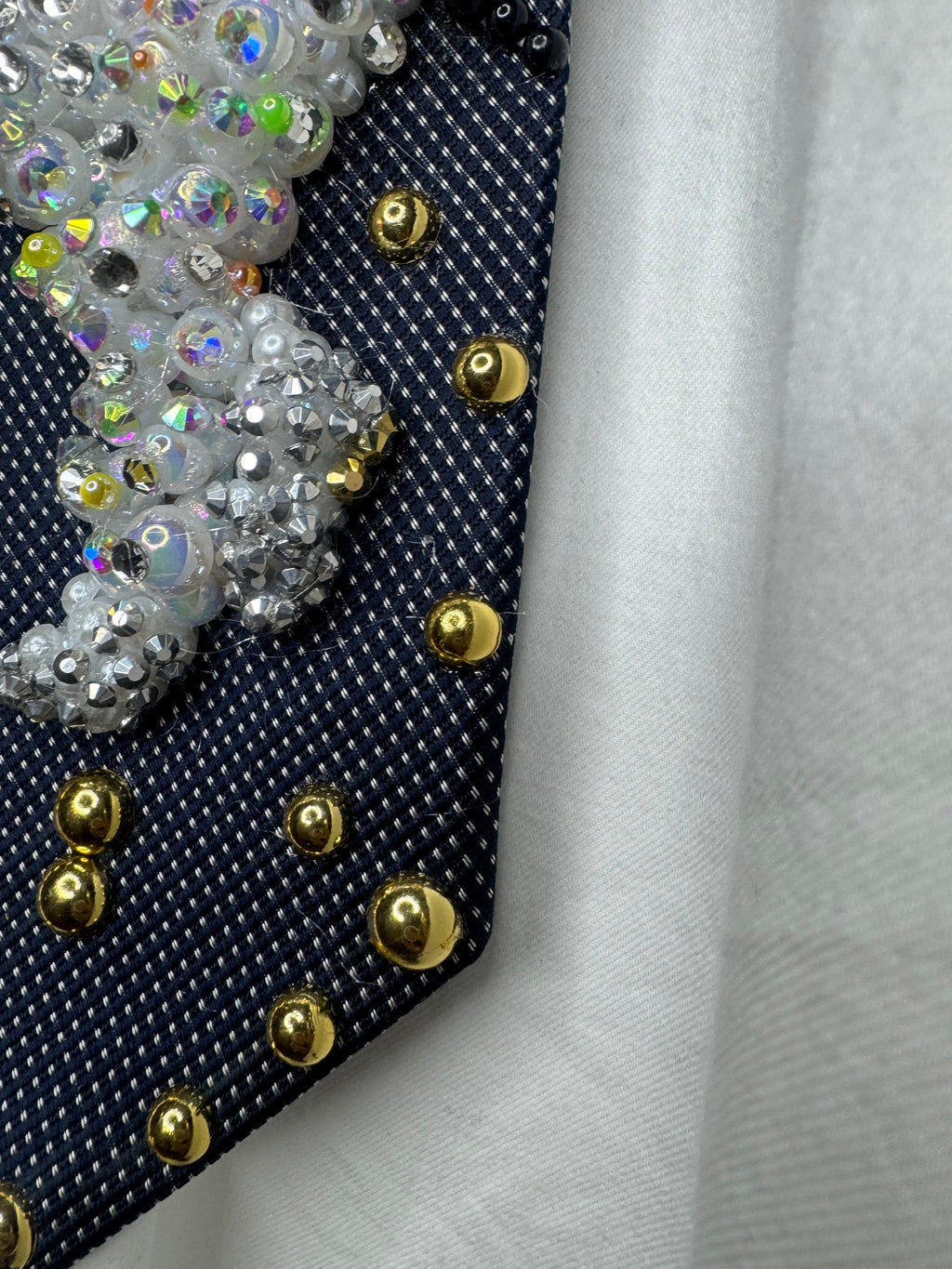 Navy Blue Michael Jackson Pointing Pose All White Rhinestones Outfit Triumph Tour 1979 Tie