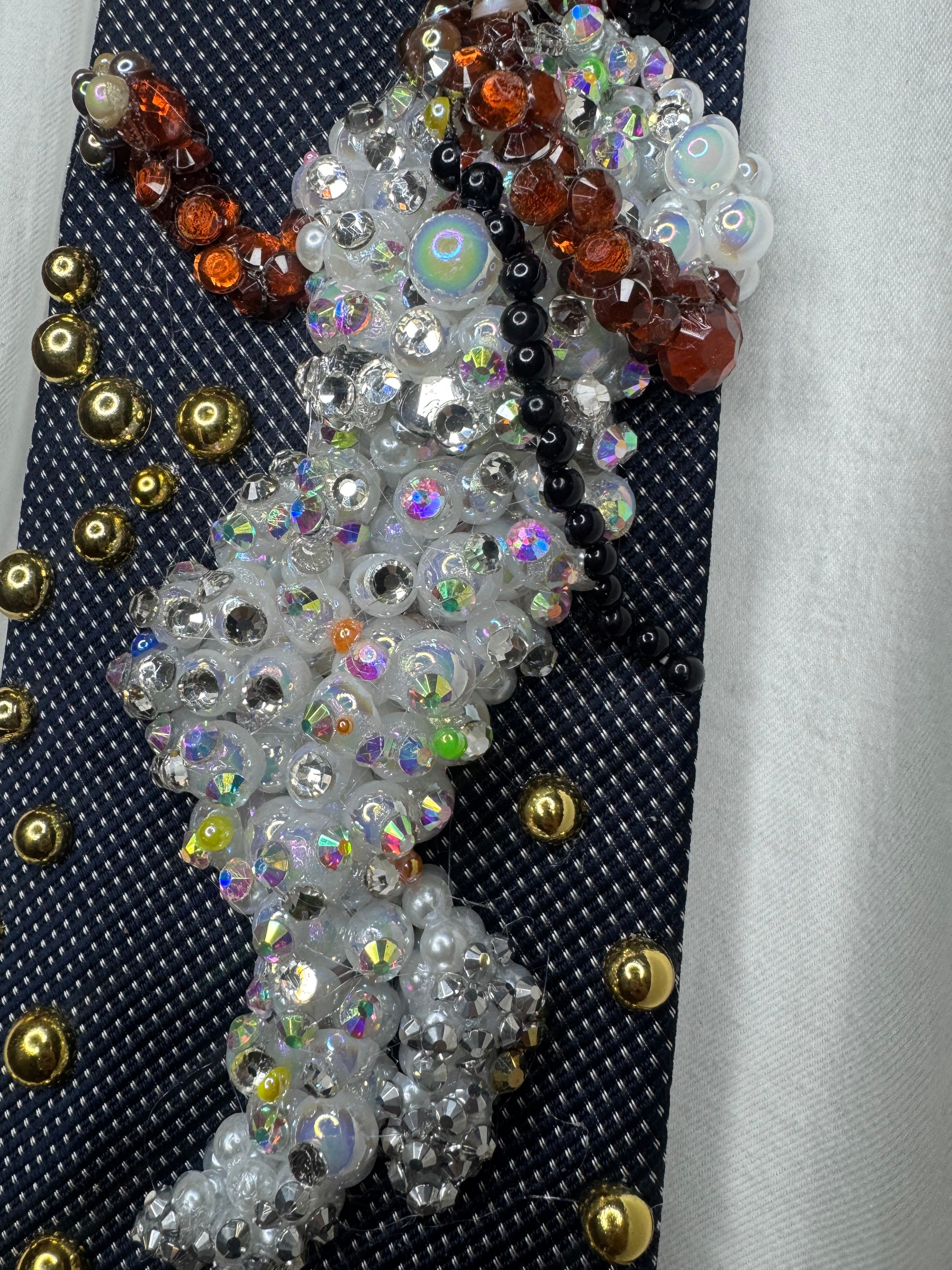 Navy Blue Michael Jackson Pointing Pose All White Rhinestones Outfit Triumph Tour 1979 Tie