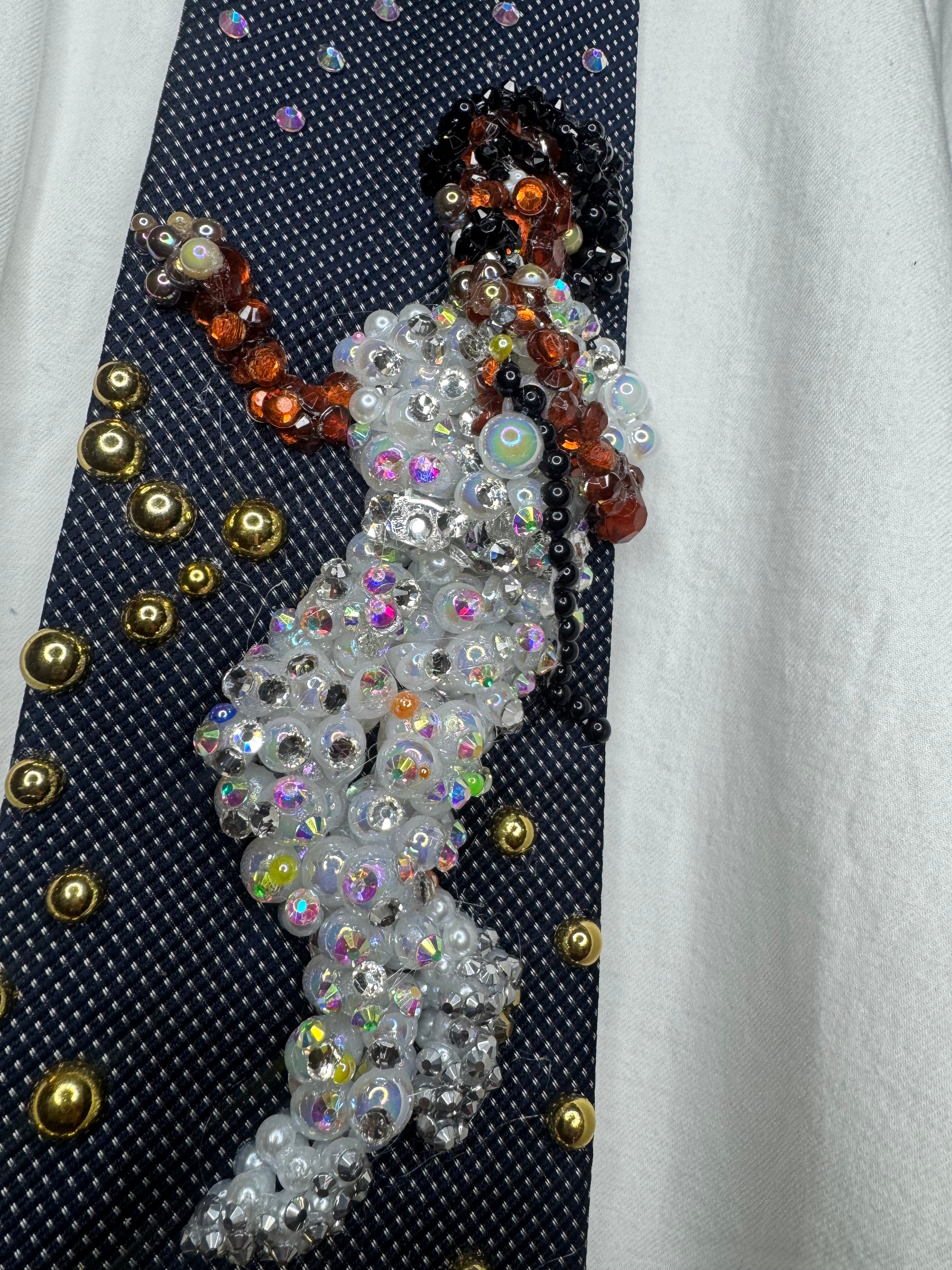 Navy Blue Michael Jackson Pointing Pose All White Rhinestones Outfit Triumph Tour 1979 Tie