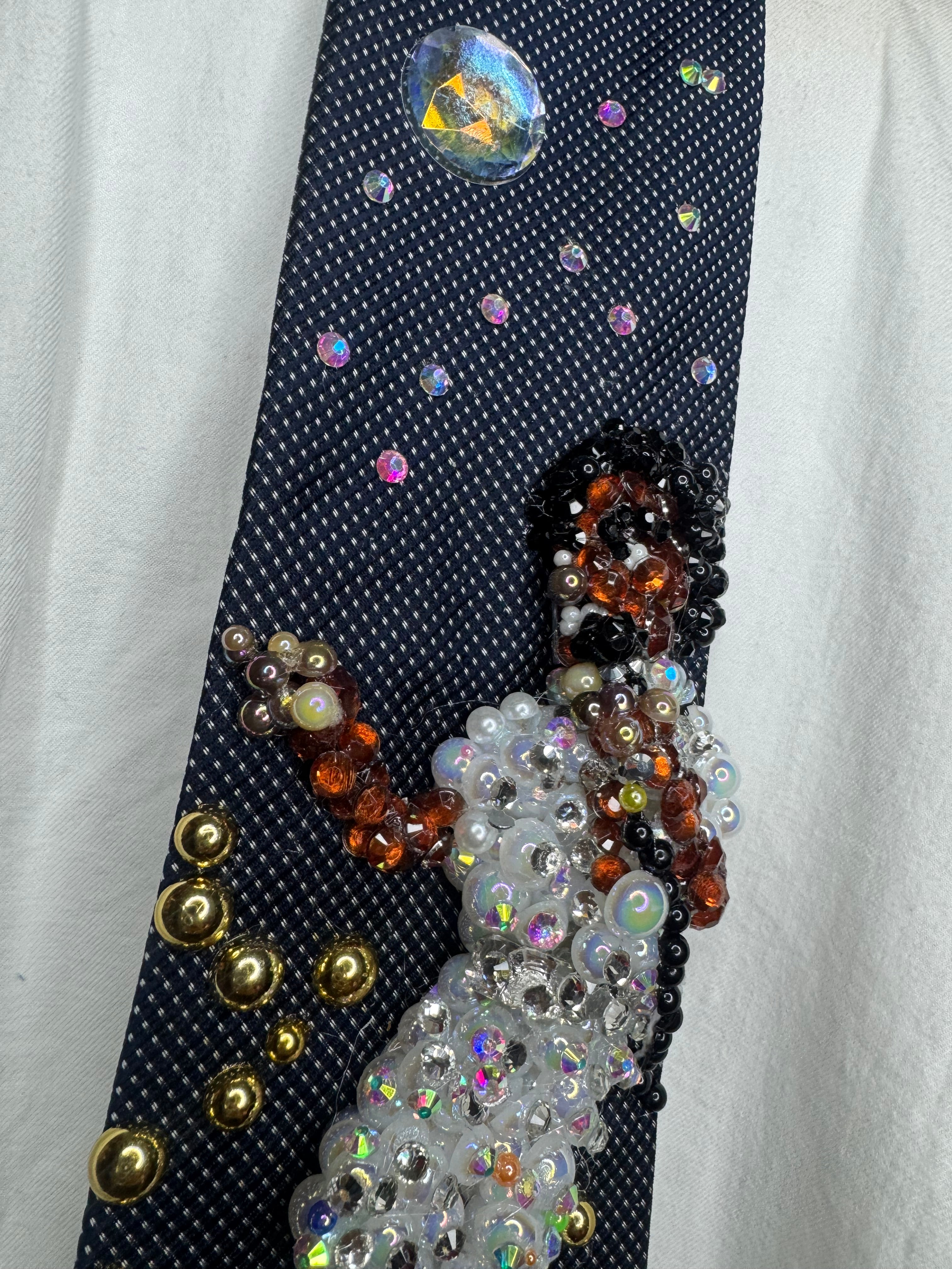 Navy Blue Michael Jackson Pointing Pose All White Rhinestones Outfit Triumph Tour 1979 Tie
