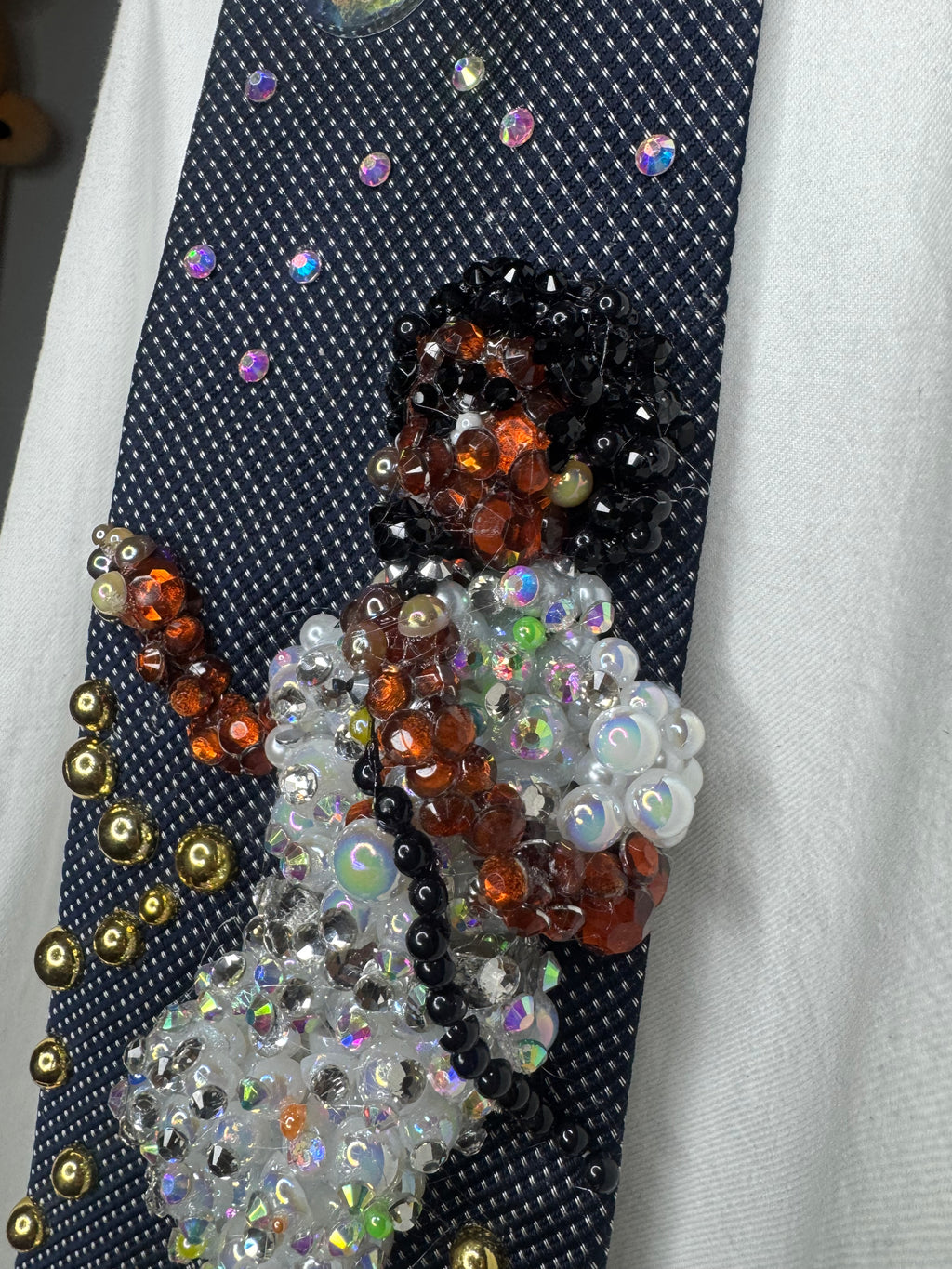 Navy Blue Michael Jackson Pointing Pose All White Rhinestones Outfit Triumph Tour 1979 Tie