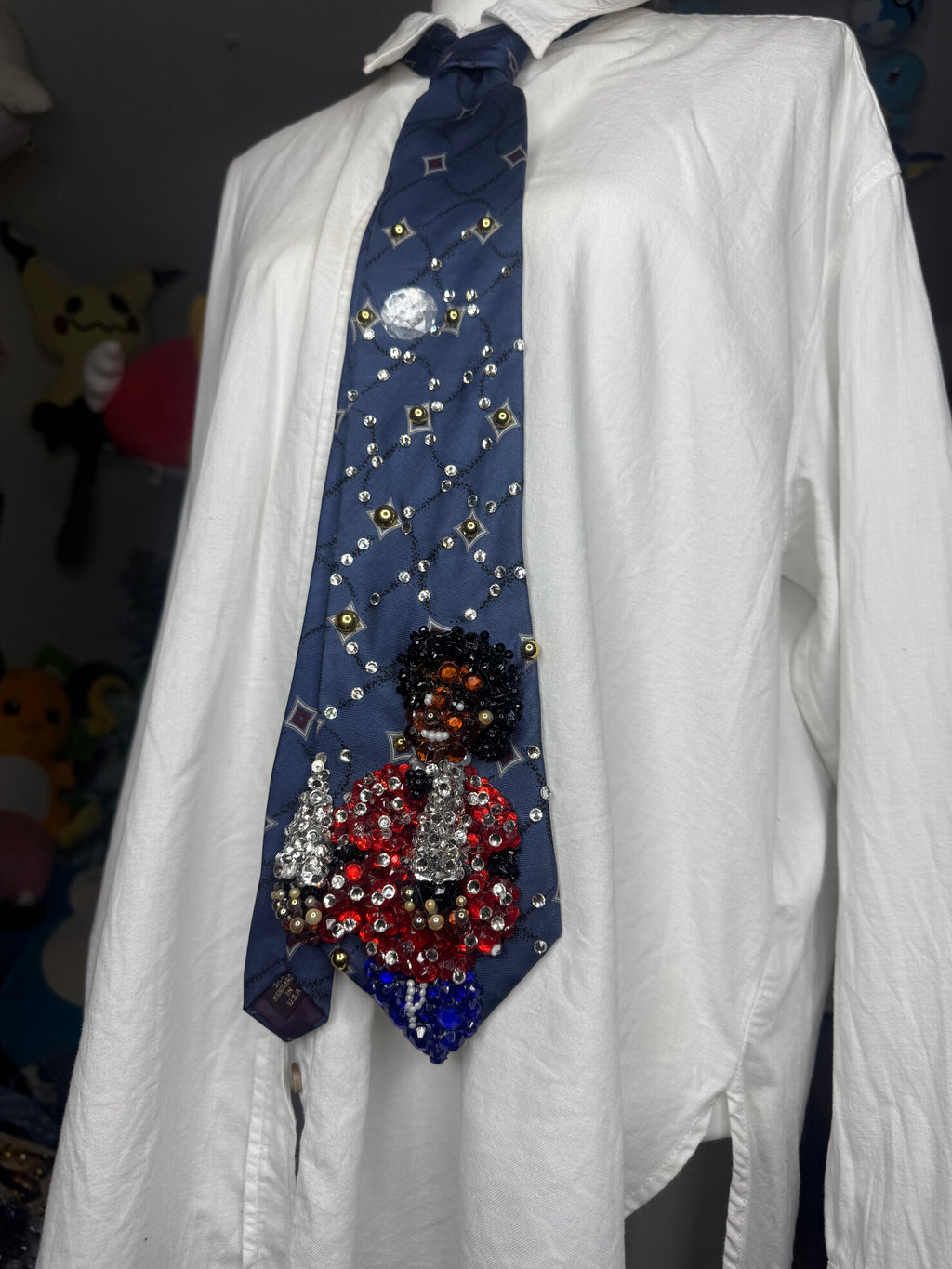 Navy Blue Michael Jackson Holding AMA Trophies 1981 OTW Era Tie