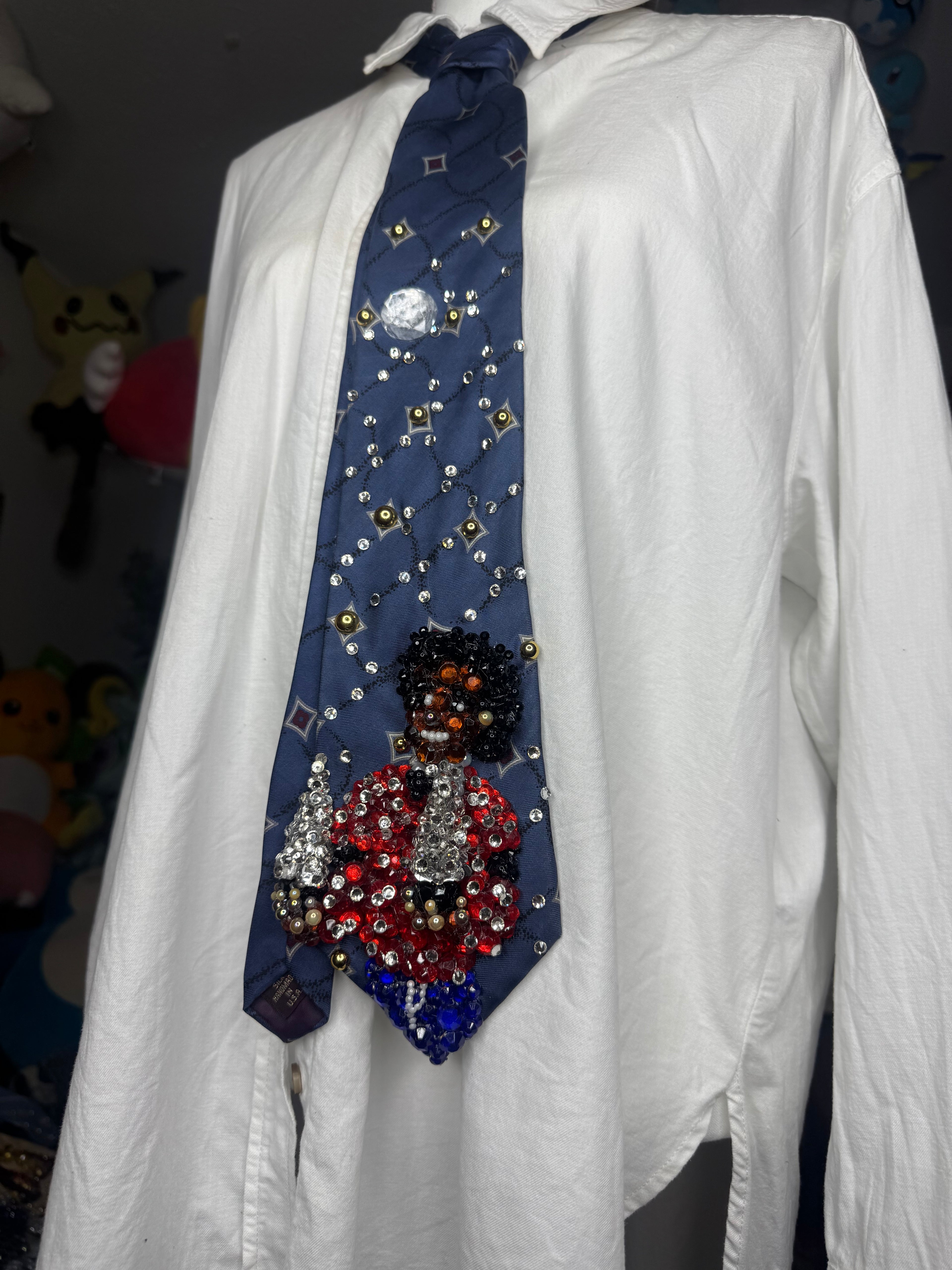 Navy Blue Michael Jackson Holding AMA Trophies 1981 OTW Era Tie
