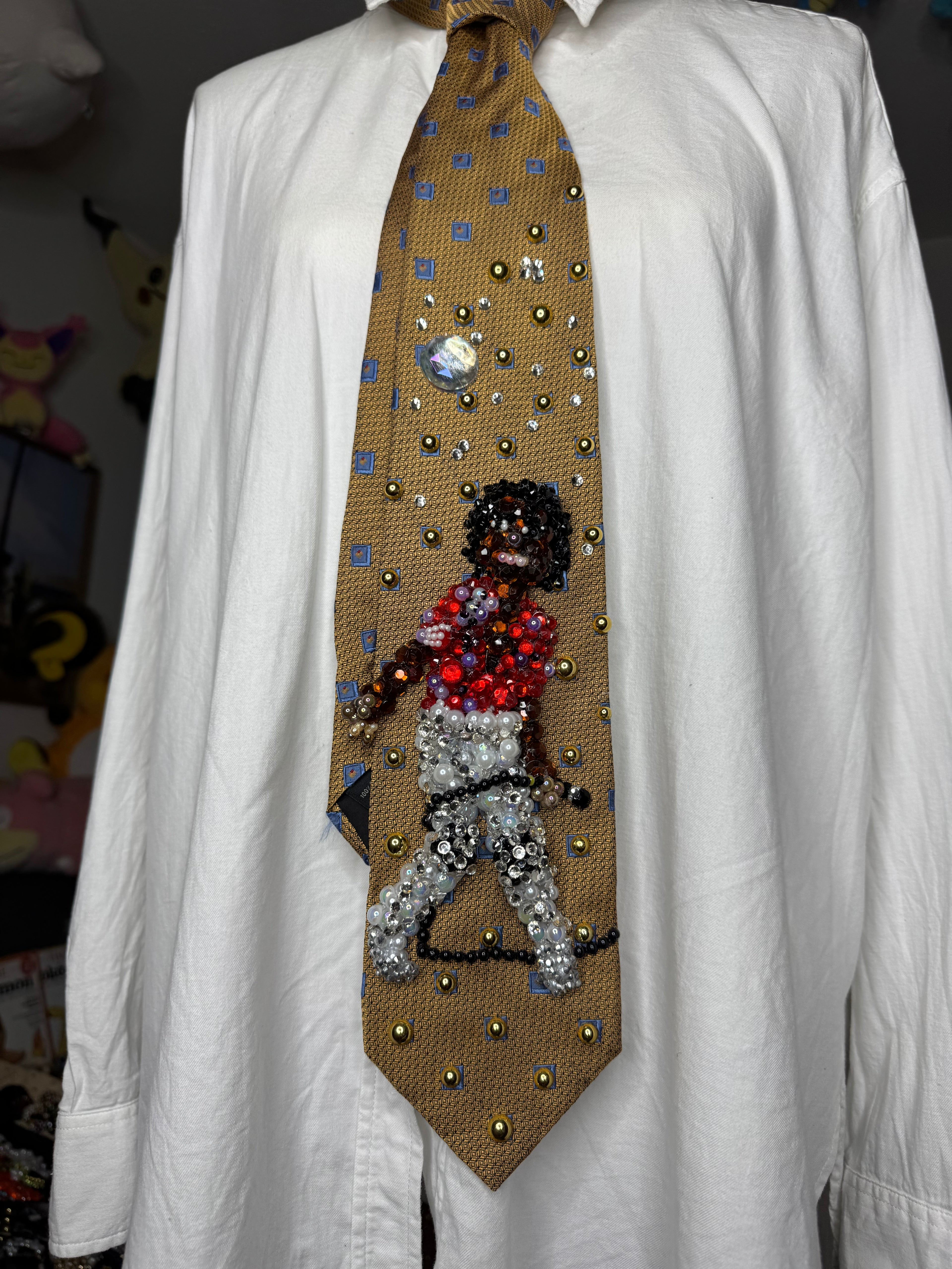 Gold Michael Jackson Holding Mic Pose Red Polo on Destiny Tour 1981 Tie