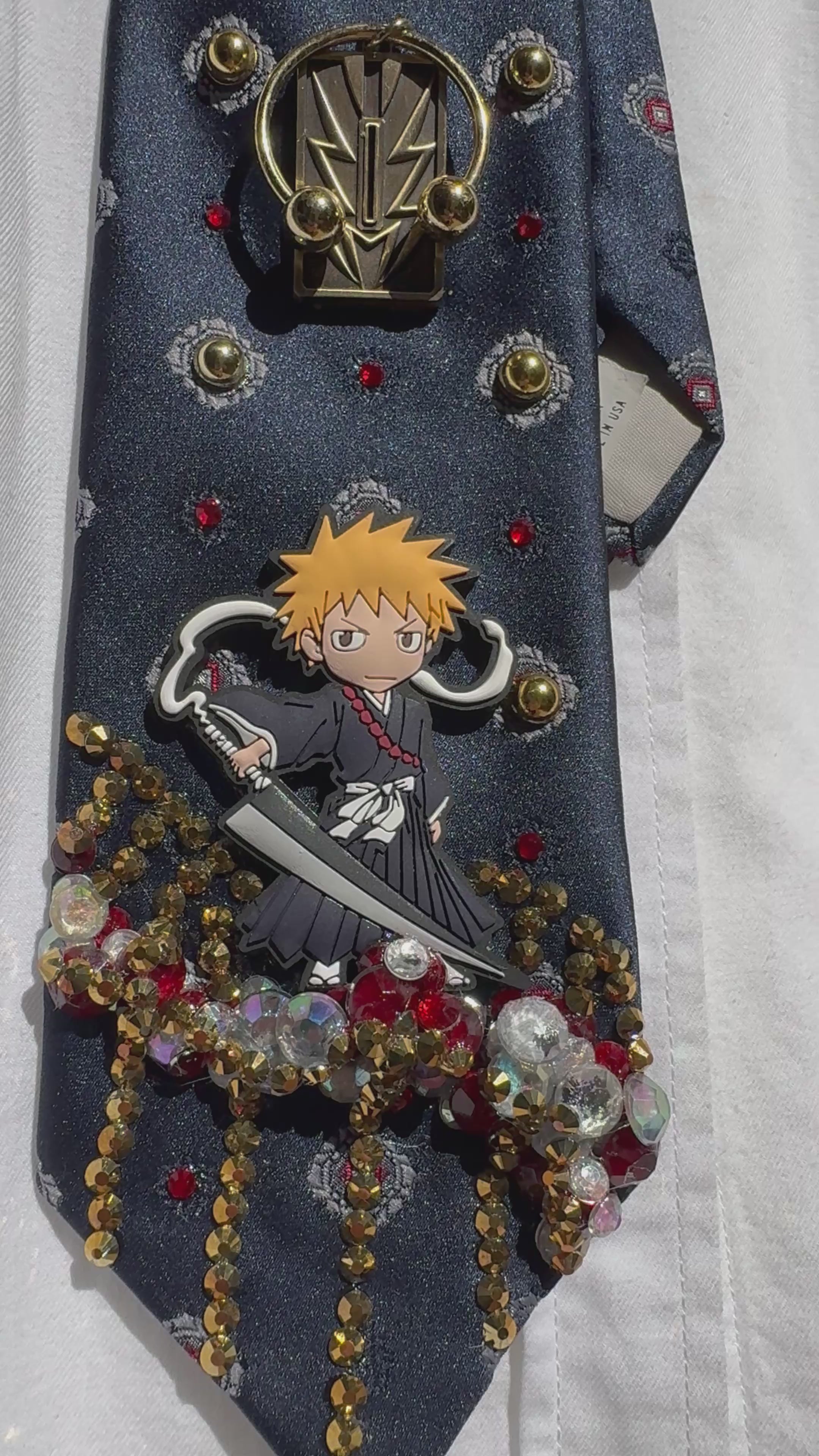 Navy Blue Ichigo Kuroaski On Bridge with Sword Bleach Tie