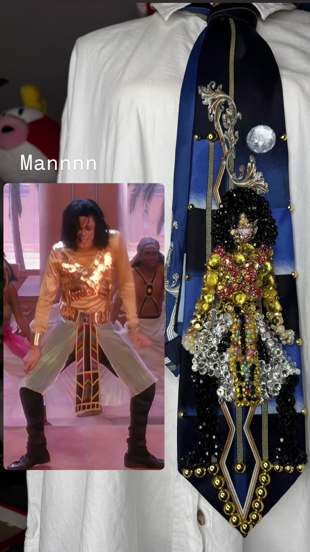 Navy Blue Egyptian Print Michael Jackson Hitting Squat Knee Pose From Remember the Time Music Video Tie