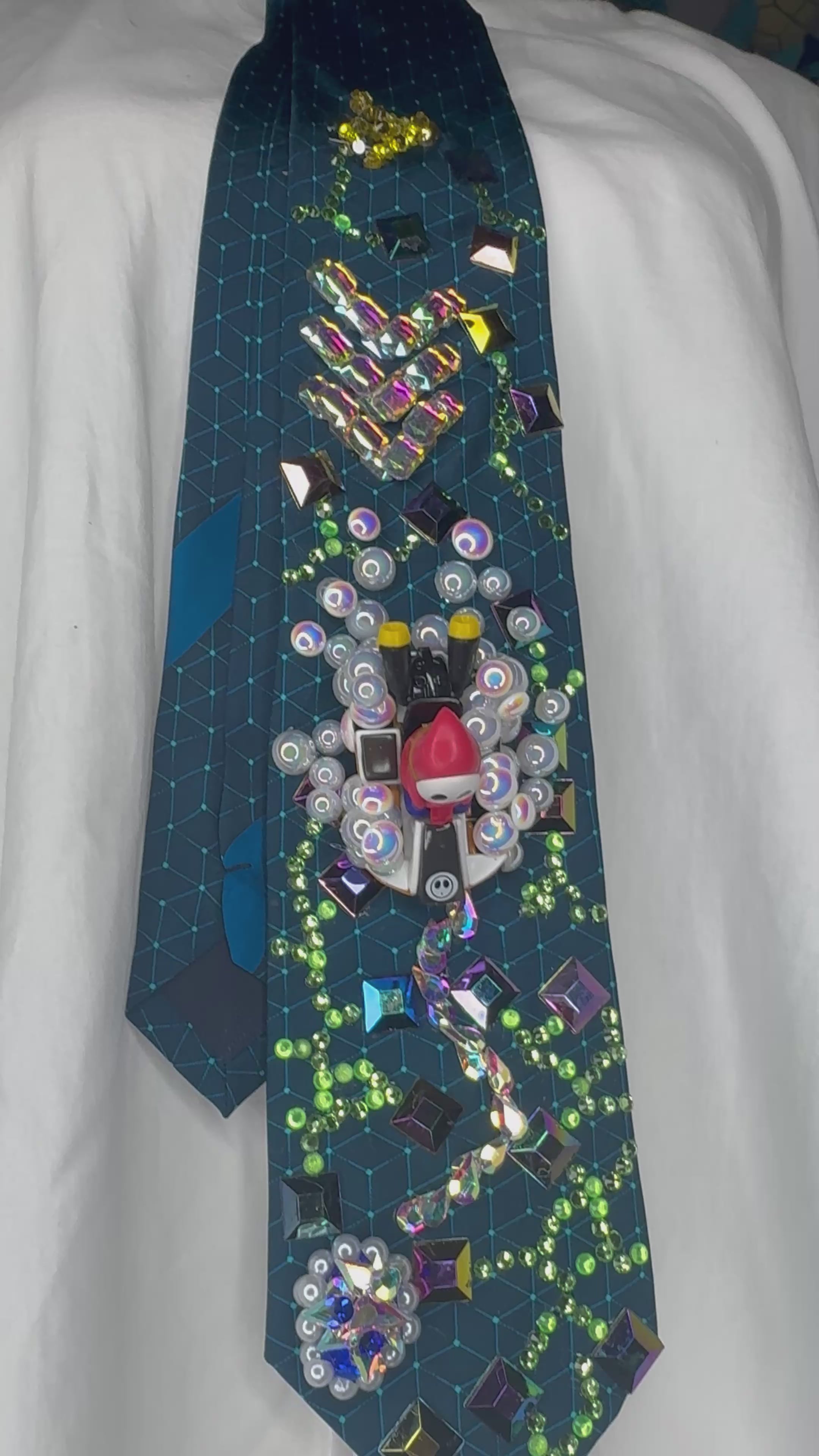 Dark Turquoise Shy Guy Throwing Blue Shell on Computer Chip Road 200cc Mario Kart Tie
